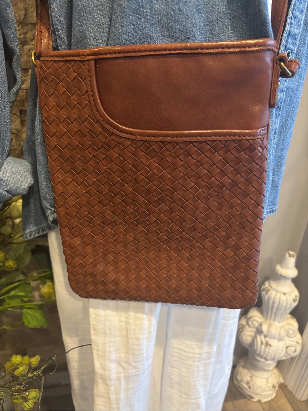 Margot Woven Buttery Soft Leather Messenger Bag - Chestnut Brown